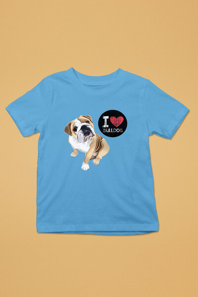 Buldog Seviyorum - Köpek Baskılı Unisex Turkuaz Çocuk Tişört - T-Shirt CT003
