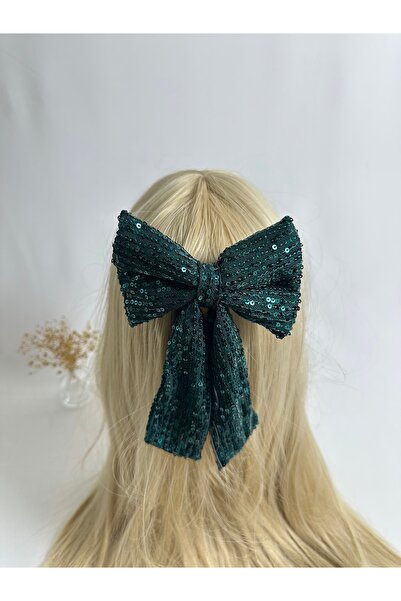 MegssStore مشبك أوتوماتيكي بفيونكة مزينة بالترتر باللون الأخضر الزمردي