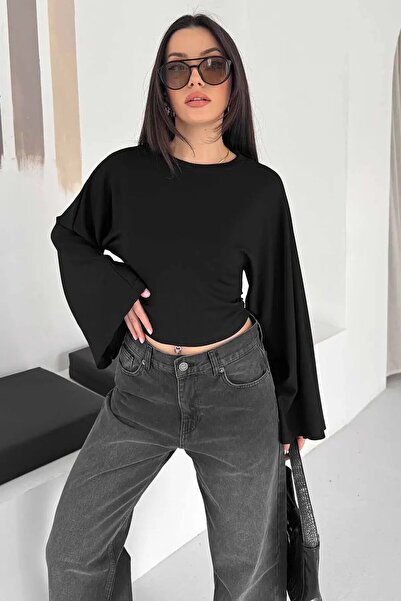 CARLA MARA Bluză cu mâneci largi crop Negru