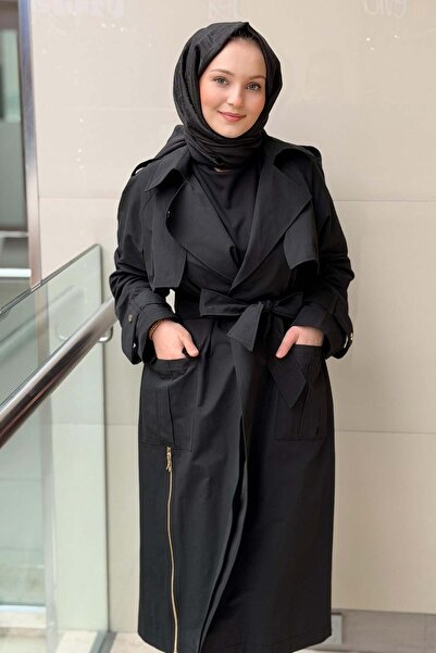 Nuss Kruvaze Yaka Cep Ve Fernuar Detaylı Önü Açık Kuşaklı Kap