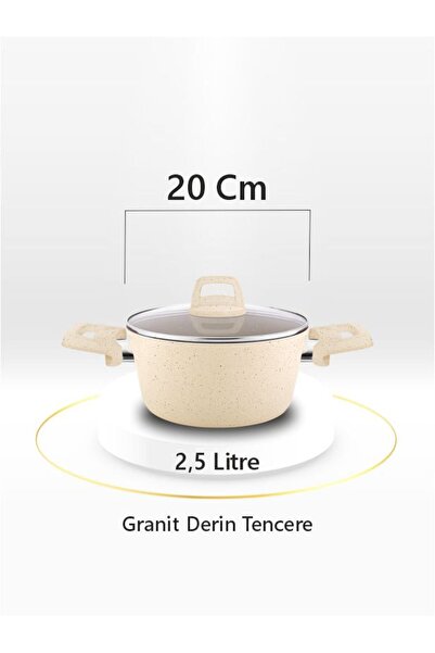 AYKUT Granit Derin Tencere 20 CM / Krem Renk Granit