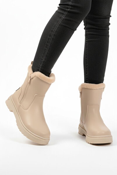 Aspor Beige Women's Biker Boots with Fur Inside