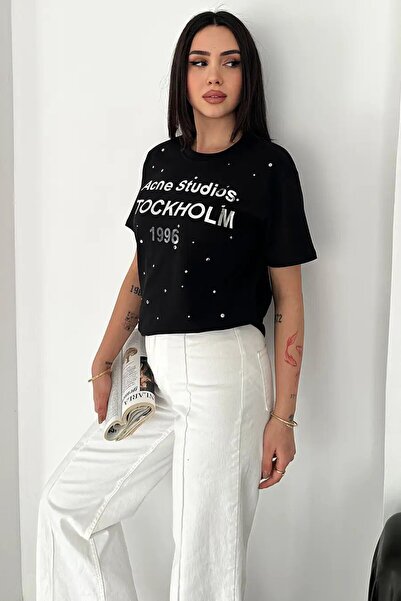 CARLA MARA Stone Detailed Written T-Shirt Black