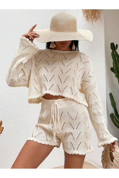 Flavus Puella Women's Lace-Like Knit Patterned Mini Shorts-Spanish Sleeve Summer Pareo Beach Set