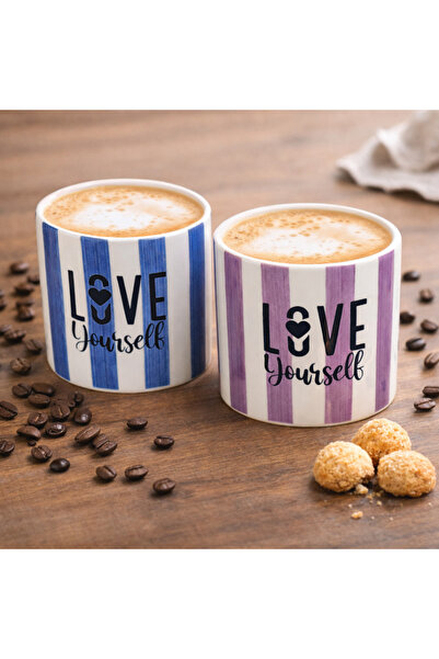 ARVALE Set of 2 Ceramic Coffee Cups – Modern Navy Blue-Lilac Striped Cups