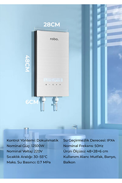 ROBO Merkezi Sistem Dijital Akıllı Şofben Büyük Boy Gri 12500W Banyo ve Mutfa...