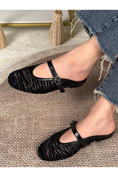 Eysha Soraya Kadın Zebra Siyah Transparan Tül Tek Bantlı Gümüş Tokalı Sandalet