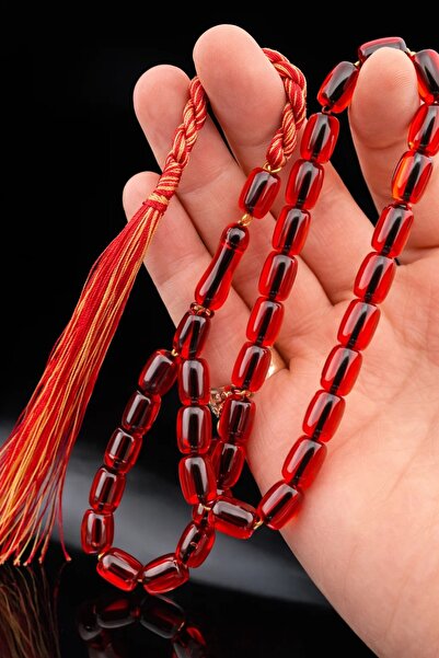 Cemhan Göksal Fire Amber Prayer Beads Red Transparent 8X12 mm Capsule Cut Ott...