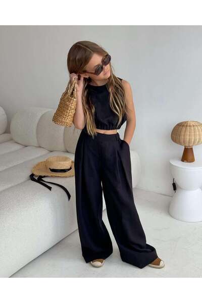 Elefantejr LA'CIEL KETEN CROP BLUZ PALAZZO PANTOLON TAKIM (SİYAH)