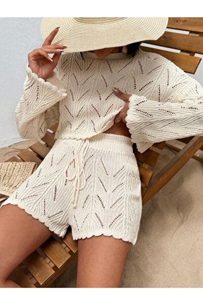 Flavus Puella Kadın Ajurlu Desenli Mini Şort-İspanyol Kol Yazlık Pareo Plaj T...