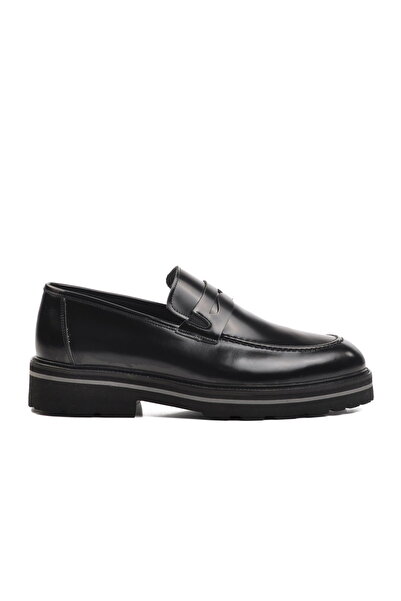 Aspor Black Opening Genuine Leather Loafer Shoes