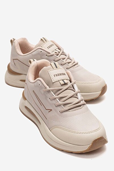 CCWAY AYAKKABI حذاء رياضي نسائي من الجلد مع شريط جانبي باللون البيج تابا