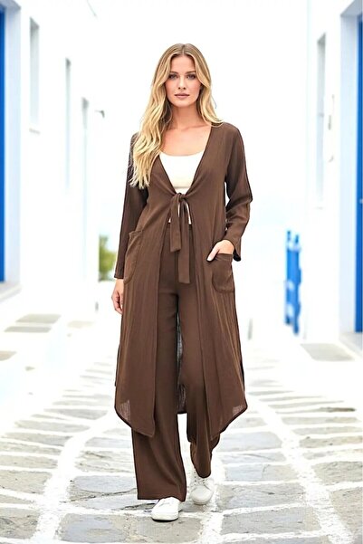 Cool & Sexy طقم كيمونو بني بأربطة كتان قطعة