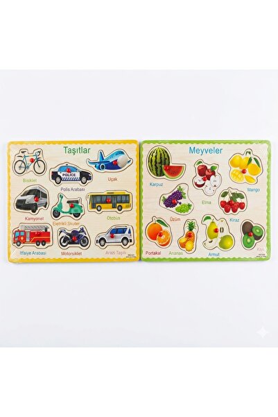 BY A.D.M Ahşap Tutmalı 2 li Set Eğitici Yapboz Kara Taşıtları Ve Meyveler 2 Ü...