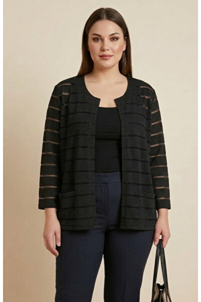 MAXLEVEL MODA Jachetă scurtă de damă neagră, cu tul dungi și detalii la buzun...