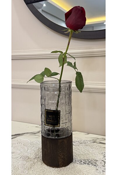 AslanExpress AHŞAP AYAKLI CAM VAZO - KOYU RENK CAM - DEKORLU SİLİNDİR