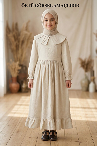 Pafim Girl's Embroidered Full-Length Hijab Viscose Dress, Hatimlik Wide Colla...