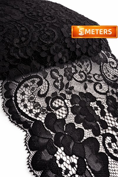 Ak Tuhafiye قماش قابل للتمدد دانتيل عرض مرن سم - أسود - 5 أمتار دانتيل قماش