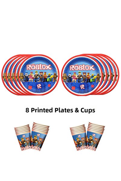 HAPPYLOOPPARTY مجموعة أطباق وأكواب متوافقة مع موضوع روبلوكس تتسع لـ مطبوع أشخاص