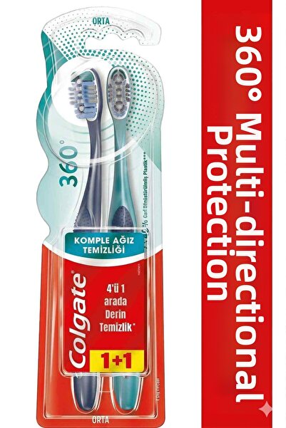 Colgate 360 تنظيف كامل للفم، حماية شاملة، فرشاة أسنان متوسطة الحجم 1+1