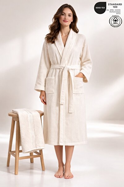 Ellaline Striped Women's Bathrobe Set 100% Certified Cotton 2 Pieces, Shawl C...