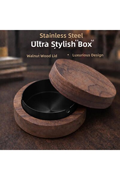 coofbe Τασάκι από ανοξείδωτο ατσάλι - Επιτραπέζιο με ξύλινο καπάκι, αντιοσμικό