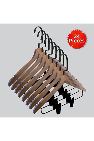 NYN Wooden (Black Hook Lama) Hangers for Blouses, Skirts, and Pants, 24 Pieces