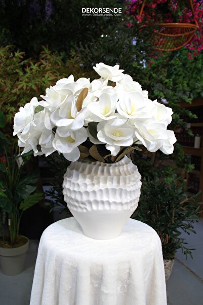Dekorsende Buchet de magnolie artificială, alb, cu textură umedă, 45 cm