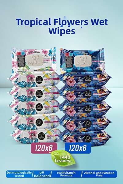 Papilion مناديل مبللة تروبيك فلاورز 120 ورقة × 12 عبوة (1440 ورقة) مجموعة اقت...