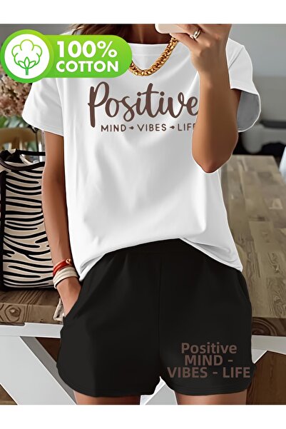 LAVİTTA Positive ba Printed white t-shirt black shorts knitted top and bottom...