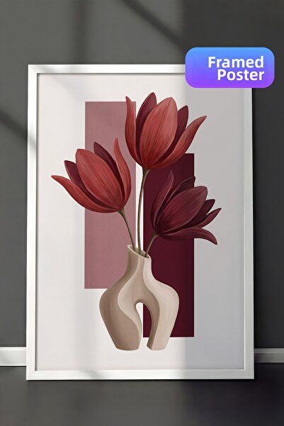 Zestia Ζωγραφική τοίχου με λευκό πλαίσιο Κομψή σύνθεση μπορντό λουλουδιών σε ...
