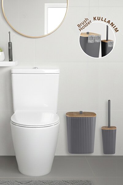Okyanus Home Set de bambus WC cu suport pentru perie și coș de gunoi din safi...