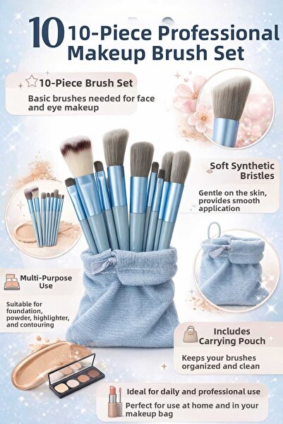 Pastelya Bagged Blue Makeup Brush Set - 10-Piece Brush Set