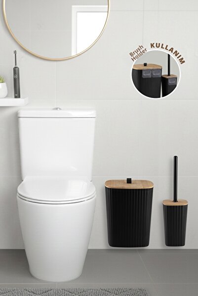 Okyanus Home Sapphire Adhesive Real Bamboo Wc Brush Holder and Trash Can Set ...
