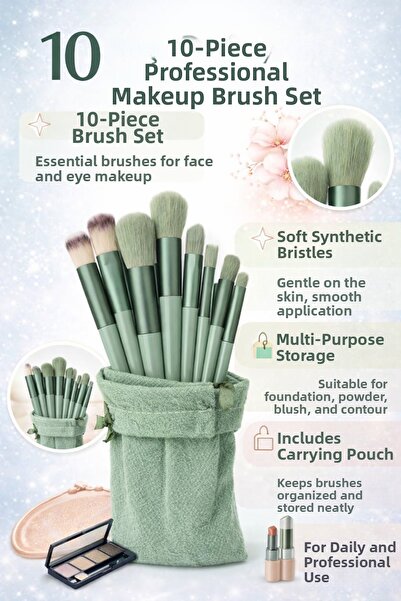 Pastelya Bagged Green Makeup Brush Set - 10-Piece Brush Set