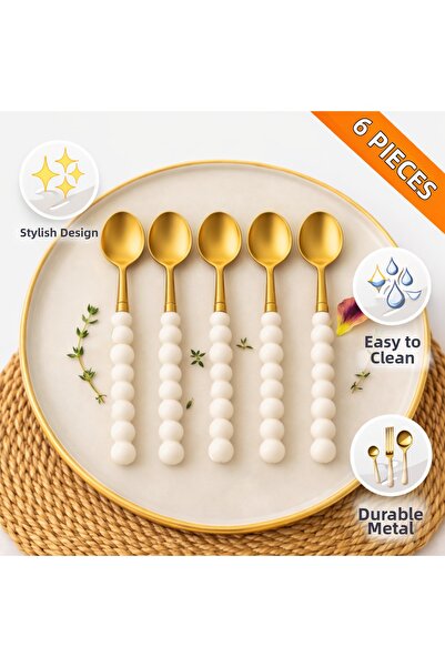 ARVALE 6 قطع من ملاعق الطعام الذهبية المزينة باللؤلؤ