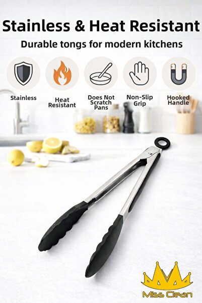 MissClean Black Metal Frying Tongs - Silicone Tip, Locking System