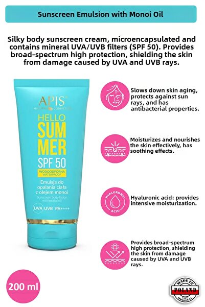 Apis Natural Cosmetics Sunscreen - 50 Spf - Monoi Oil - 200ml