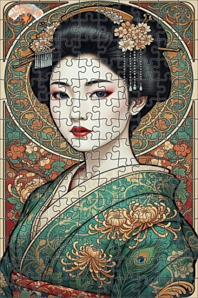 Esranın Dünyası Elegant Geisha Oil Painting Look Wooden Puzzle with Double-La...