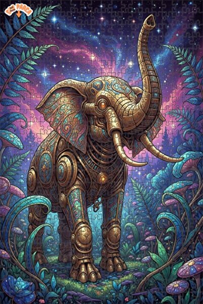 Esranın Dünyası Golden Mechanical Elephant Patterned Oil Painting Look Art Pu...