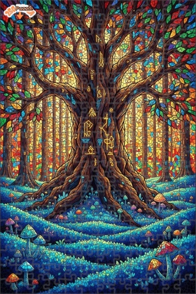Esranın Dünyası لغز خشبي على شكل شجرة الحياة بمظهر فسيفسائي رونيك مزدوج الطبق...
