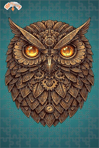 Esranın Dünyası Mechanical Owl Oil Painting Look Double Layer Framed Wooden P...