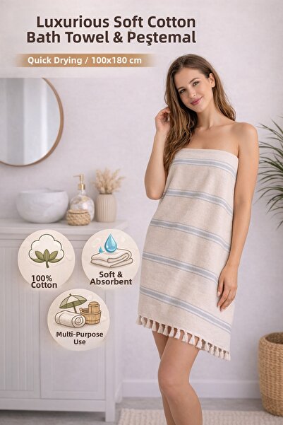 TECHTACT منشفة حمام وشاطف من القطن الطبيعي، ناعمة، مخططة، مزينة بالشراشيب (10...