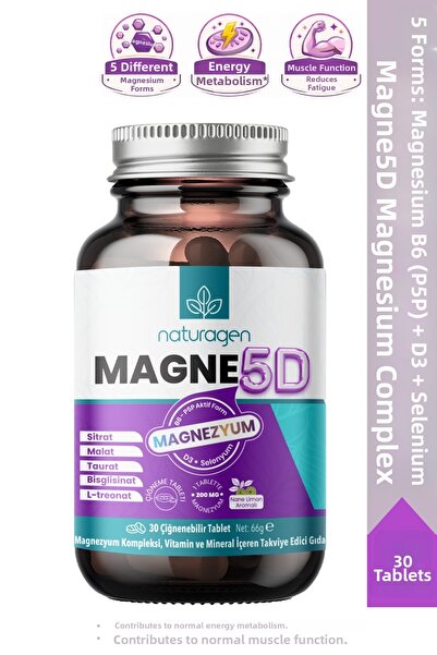 Naturagen Magne 5D Magnesium Complex 200Mg 30 Chewable Tablets |   P5P, D3, S...