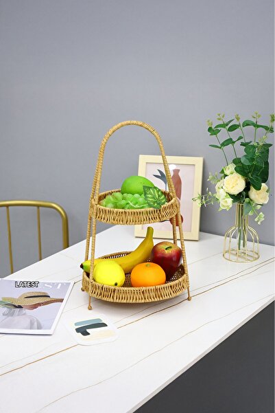 Vadi 2-Tier Wicker Fruit Basket with Handles Bread Basket Organizer Kitchen O...