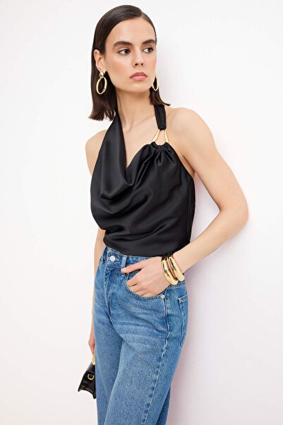 Trendyol Collection Bluză neagră, simplă, cu guler halter, fără mâneci, țesut...