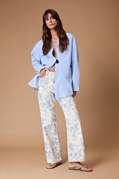 Trendyol Collection Πολύχρωμο τζιν με φλοράλ στάμπα, 100% βαμβάκι, ψηλόμεσο, ...