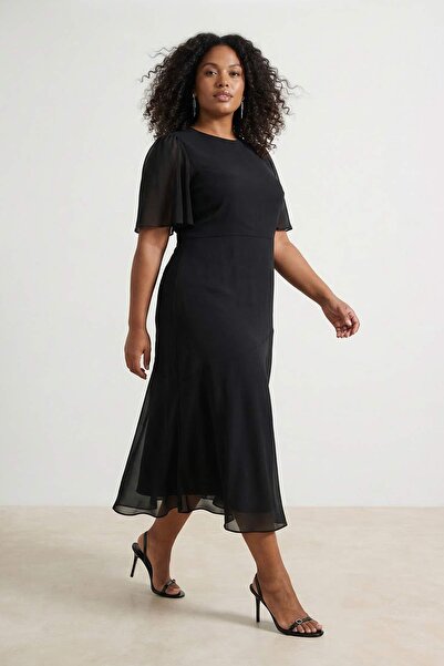 Trendyol Curve Rochie neagră din șifon țesut, mărime mare TBBSS26AH00021