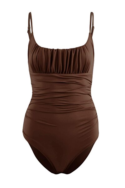 ترينديول كوليكشن ملابس سباحة هيبستر ذات ياقة مربعة باللون البني TBESS25MA00124