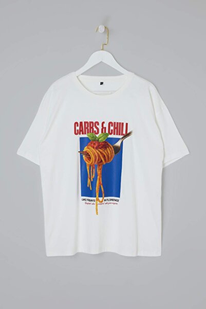 Trendyol Curve Ecru majica sa širokim izrezom, širokog kroja, sa printom, vel...